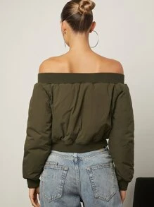 SHEIN Unity Off Shoulder Zip Up Padded Coat - Army Green - View 2
