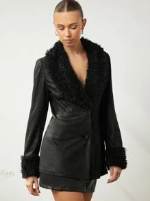SHEIN BAE Fuzzy Collar Button Front PU Leather Coat - Black - View 3