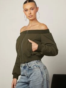 SHEIN Unity Off Shoulder Zip Up Padded Coat - Army Green - View 3