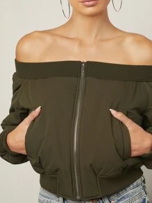 SHEIN Unity Off Shoulder Zip Up Padded Coat - Army Green - View 4
