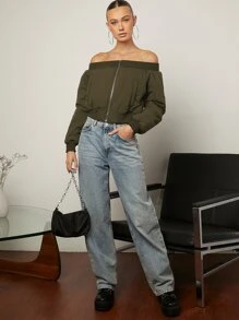 SHEIN Unity Off Shoulder Zip Up Padded Coat - Army Green - View 5