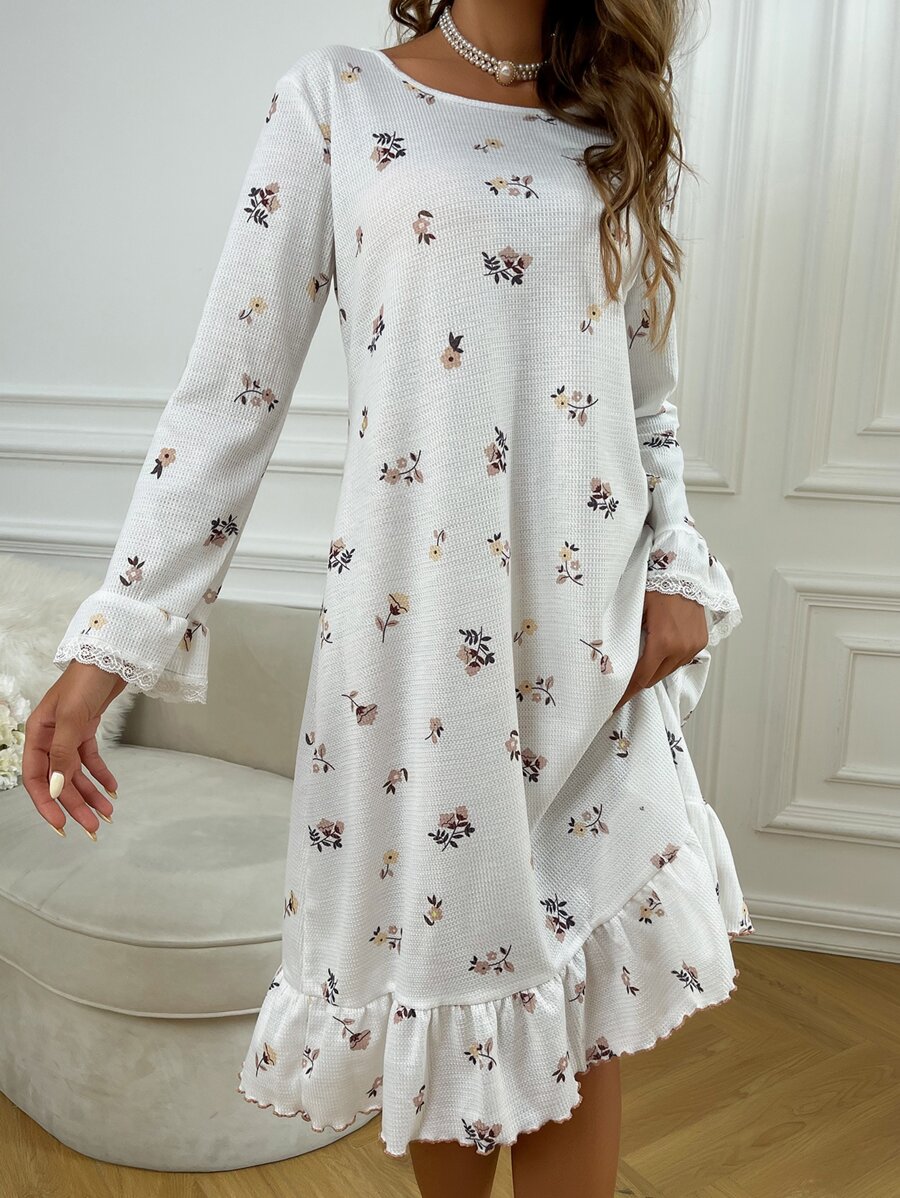印花蕾絲拼接荷葉袖荷葉邊睡裙 - 白色 - 查看 1