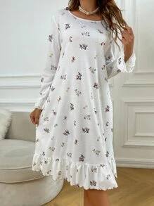 印花蕾絲拼接荷葉袖荷葉邊睡裙 - 白色 - 查看 3