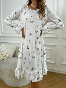 印花蕾絲拼接荷葉袖荷葉邊睡裙 - 白色 - 查看 4