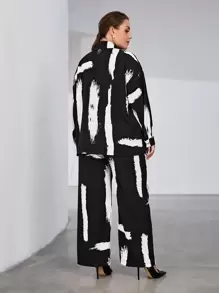 SHEIN Privé Camisa con estampado de dibujo de hombros caídos con pantalones - Negro - Ver 2