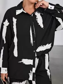 SHEIN Privé Camisa con estampado de dibujo de hombros caídos con pantalones - Negro - Ver 5