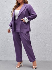 Mulvari 大碼條紋圖案雙口袋西裝外套和褲子 - 紫色 - 查看 4