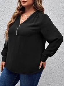 SHEIN LUNE Plus Half Zip Blouse - Black - View 4