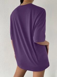 SHEIN Unity 落肩标语刺绣 T 恤 ALL ROADS LEAD TO ROME 图案 T 恤 女士上衣 - 紫色 - 查看 2