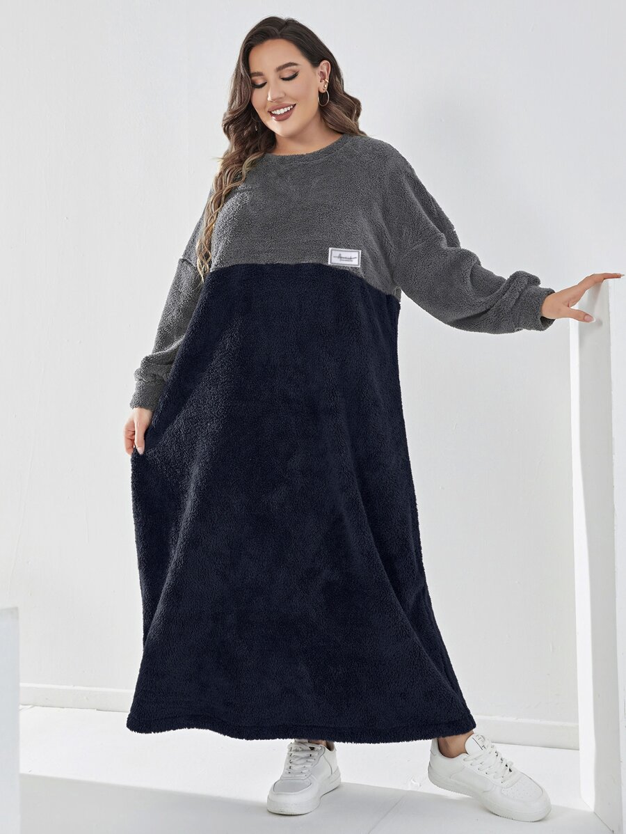 Mulvari Plus Colour Block Teddy Sweatshirt Dress - Navy Blue - View 1