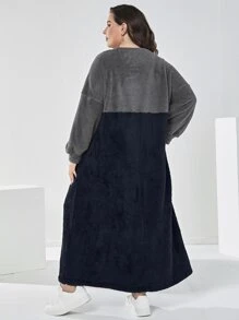 Mulvari Plus Colour Block Teddy Sweatshirt Dress - Navy Blue - View 2