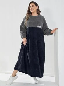 Mulvari Plus Colour Block Teddy Sweatshirt Dress - Navy Blue - View 3