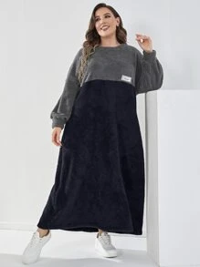 Mulvari Plus Colour Block Teddy Sweatshirt Dress - Navy Blue - View 6