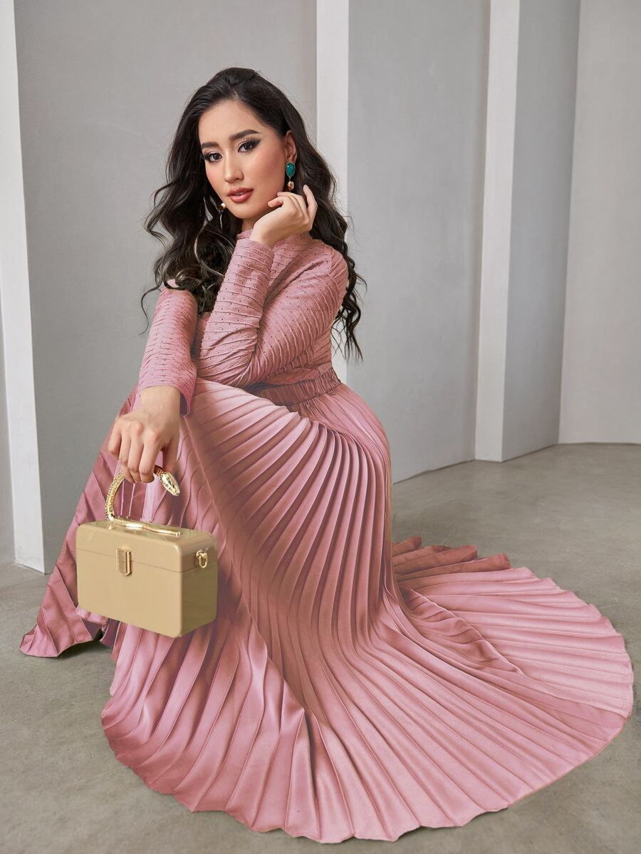 Modelyn Mock Neck Pleated Hem Dress - Coral Pink - View 1