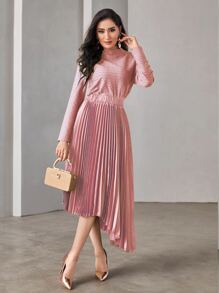 Modelyn Mock Neck Pleated Hem Dress - Coral Pink - View 4