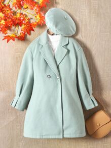 Girls 1pc Lapel Neck Double Button Overcoat - Mint Green - View 1