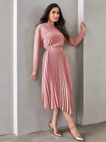 Modelyn Mock Neck Pleated Hem Dress - Coral Pink - View 5