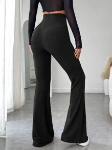 SHEIN EZwear 女士夏季休閒黑色高腰肋紋針織擴腳褲