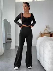 SHEIN EZwear 女士夏季休閒黑色高腰肋紋針織擴腳褲