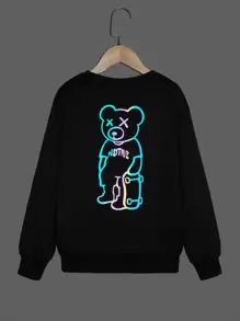 SHEIN Boys Reflective Bear Print Drop Shoulder Sweatshirt - Black - View 1