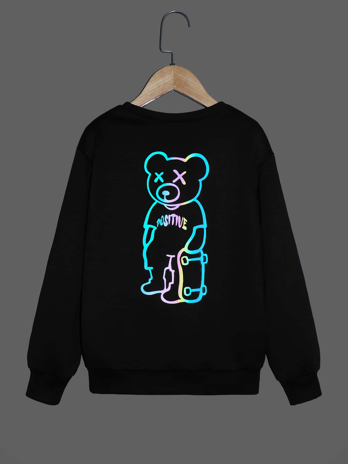 SHEIN Boys Reflective Bear Print Drop Shoulder Sweatshirt - Black - View 1