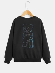 SHEIN Boys Reflective Bear Print Drop Shoulder Sweatshirt - Black - View 2
