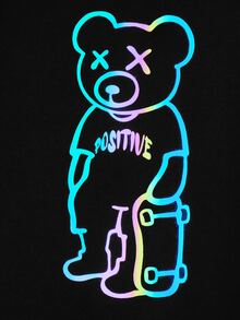 SHEIN Boys Reflective Bear Print Drop Shoulder Sweatshirt - Black - View 4