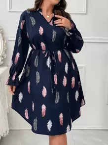 SHEIN LUNE Plus Feather Print Flounce Sleeve Belted Dress - Navy Blue - View 1