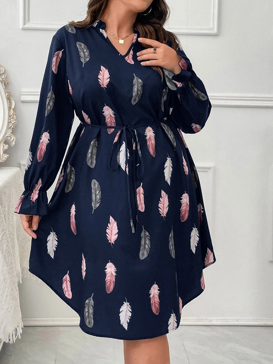 SHEIN LUNE Plus Feather Print Flounce Sleeve Belted Dress - Navy Blue - View 1