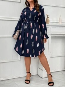 SHEIN LUNE Plus Feather Print Flounce Sleeve Belted Dress - Navy Blue - View 3