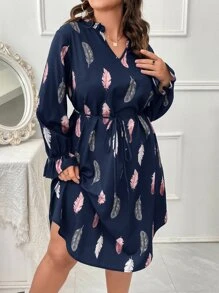 SHEIN LUNE Plus Feather Print Flounce Sleeve Belted Dress - Navy Blue - View 4
