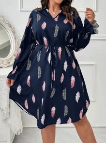 SHEIN LUNE Plus Feather Print Flounce Sleeve Belted Dress - Navy Blue - View 5