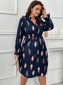 SHEIN LUNE Plus Feather Print Flounce Sleeve Belted Dress - Navy Blue - View 6