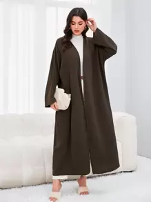 Al Najma Open Front Solid Modest Long Sleeve Arabian Abaya Without Belt - Chocolate Brown - View 1