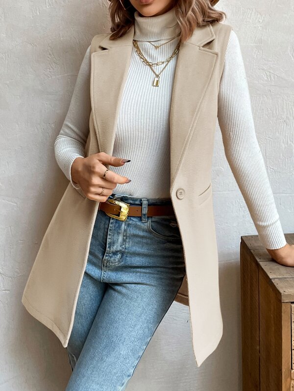 BizChic Chaleco informal de media caña con solapa para mujer, elegante y romántico, adecuado para uso casual, urbano, simple y de moda, básico para negocios, ropa de abrigo de oficina