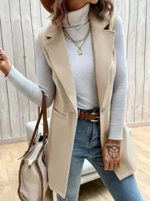 BizChic Women's Autumn Lapel Sleeveless Mid-Length Woolen Vest, Elegant & Romantic, Suitable For Casual, Urban Commute, Simple & Fashionable Basic Business Casual Outerwear, Office Wear - Apricot - View 4