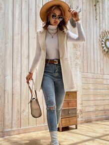 BizChic Women's Autumn Lapel Sleeveless Mid-Length Woolen Vest, Elegant & Romantic, Suitable For Casual, Urban Commute, Simple & Fashionable Basic Business Casual Outerwear, Office Wear - Apricot - View 7