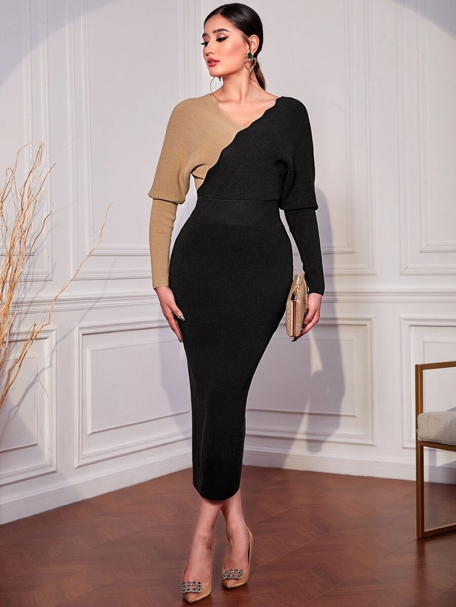 Modelyn Ladies áo len váy Sò điệp Khối Màu Thanh lịch - màu đen - Xem 1