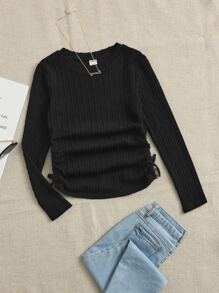 SHEIN Leap Crew Young Girl Solid Ruched Knot Side Tee - Black - View 1