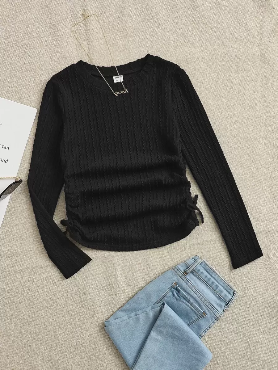 SHEIN Leap Crew Young Girl Solid Ruched Knot Side Tee - Black - View 1