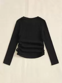 SHEIN Leap Crew Young Girl Solid Ruched Knot Side Tee - Black - View 2