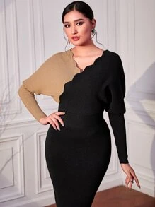 Modelyn Ladies áo len váy Sò điệp Khối Màu Thanh lịch - màu đen - Xem 5