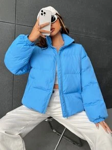 SHEIN EZwear Slant Pockets Drop Shoulder Padded Coat - Blue - View 3