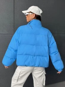 SHEIN EZwear Slant Pockets Drop Shoulder Padded Coat - Blue - View 2