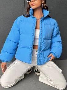 SHEIN EZwear Slant Pockets Drop Shoulder Padded Coat - Blue - View 4