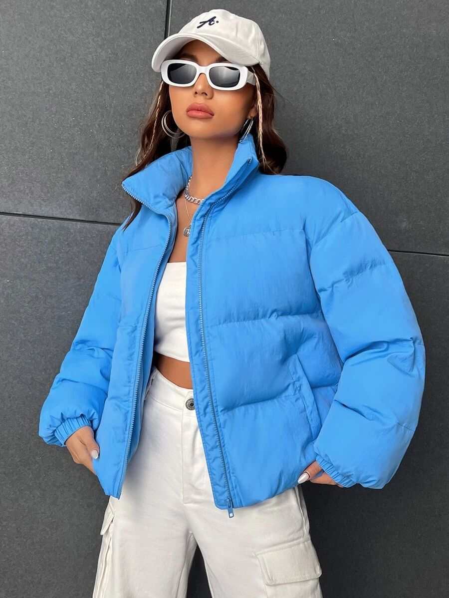 SHEIN EZwear Slant Pockets Drop Shoulder Padded Coat - Blue - View 1