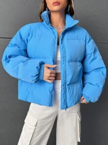 SHEIN EZwear Slant Pockets Drop Shoulder Padded Coat - Blue - View 5