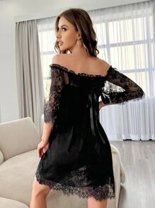 Váy ngủ & áo ngủ Nữ Tương phản ren Nơ sau màu trơn Gợi cảm - màu đen - Xem 2