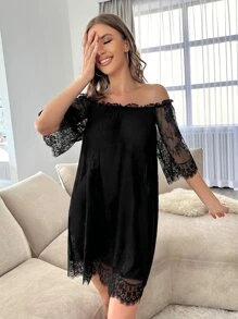 Váy ngủ & áo ngủ Nữ Tương phản ren Nơ sau màu trơn Gợi cảm - màu đen - Xem 3