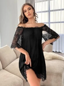 Váy ngủ & áo ngủ Nữ Tương phản ren Nơ sau màu trơn Gợi cảm - màu đen - Xem 7